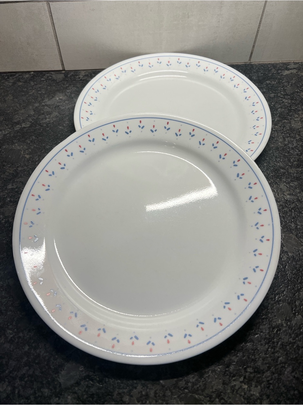 Corelle RETIRED NORMANDY 10” Dinner Plates with Blue and Pink Floral Border